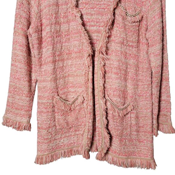 Cache Womens Pink Tweed Business Work Office Coquette Fringe Cardigan Jacket XL - Picture 3 of 10